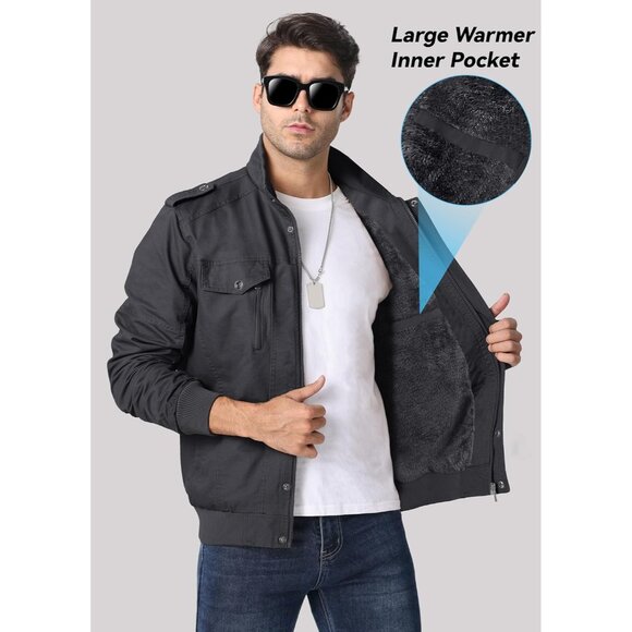 Men's Gray  Winter Cargo Fleece Sherpa Lined Casual Windproof Bomber Jacket - Picture 4 of 6